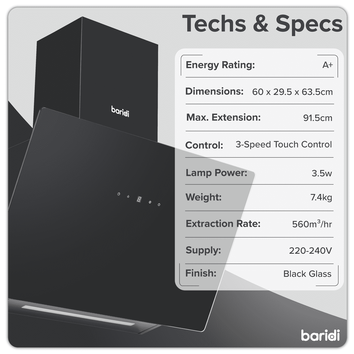 Baridi Angled Chimney Cooker Hood with Touch Controls & Carbon Filters 60cm - Black Glass - Image 10