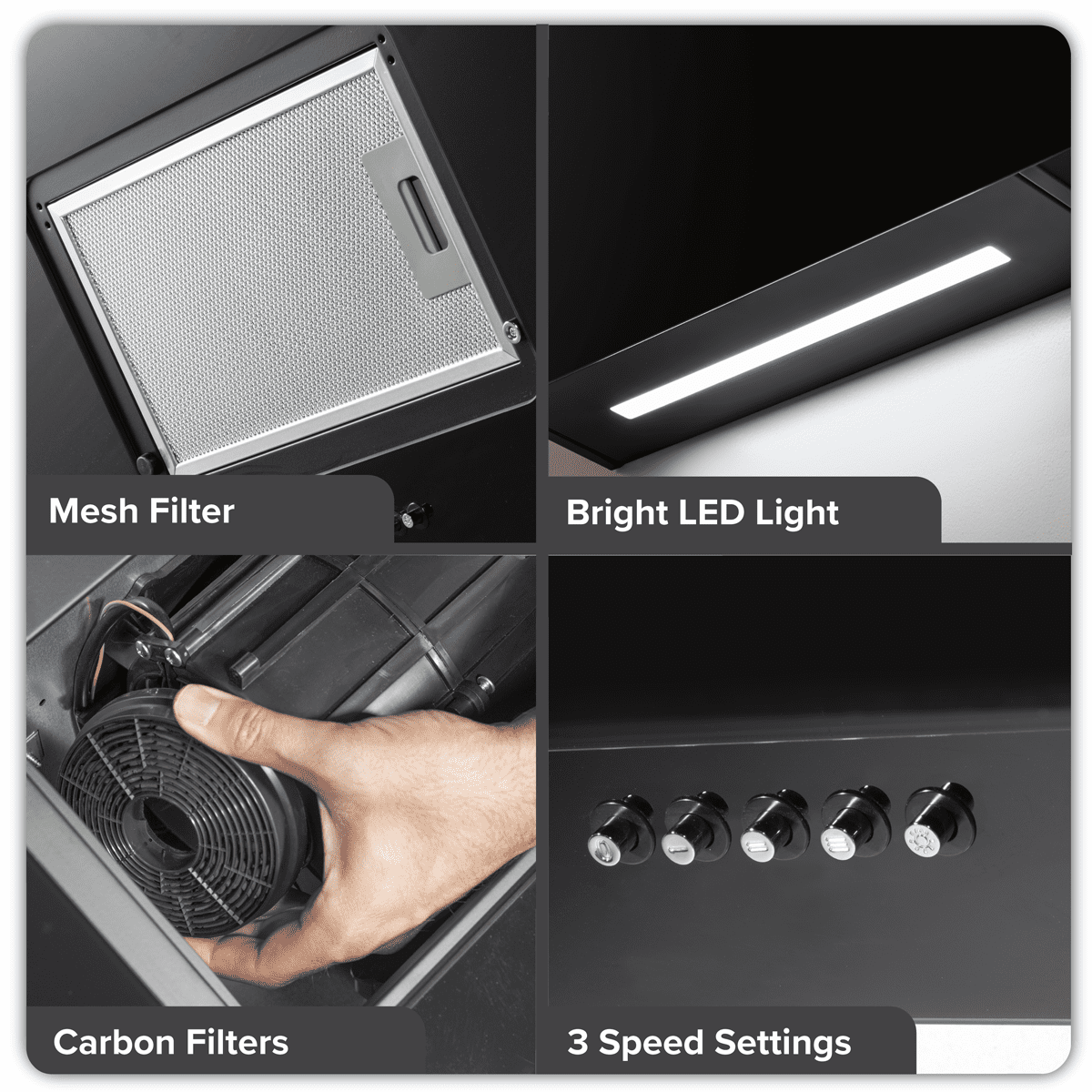 Baridi Angled Chimney Cooker Hood with Carbon Filters & LED Lamp 90cm, Energy Class A - Black Glass - Image 3