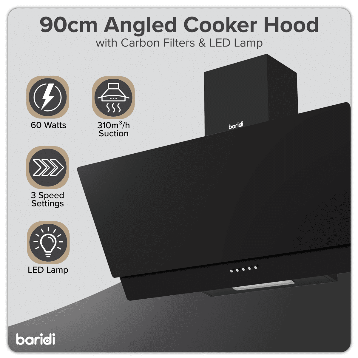 Baridi Angled Chimney Cooker Hood with Carbon Filters & LED Lamp 90cm, Energy Class A - Black Glass - Image 4