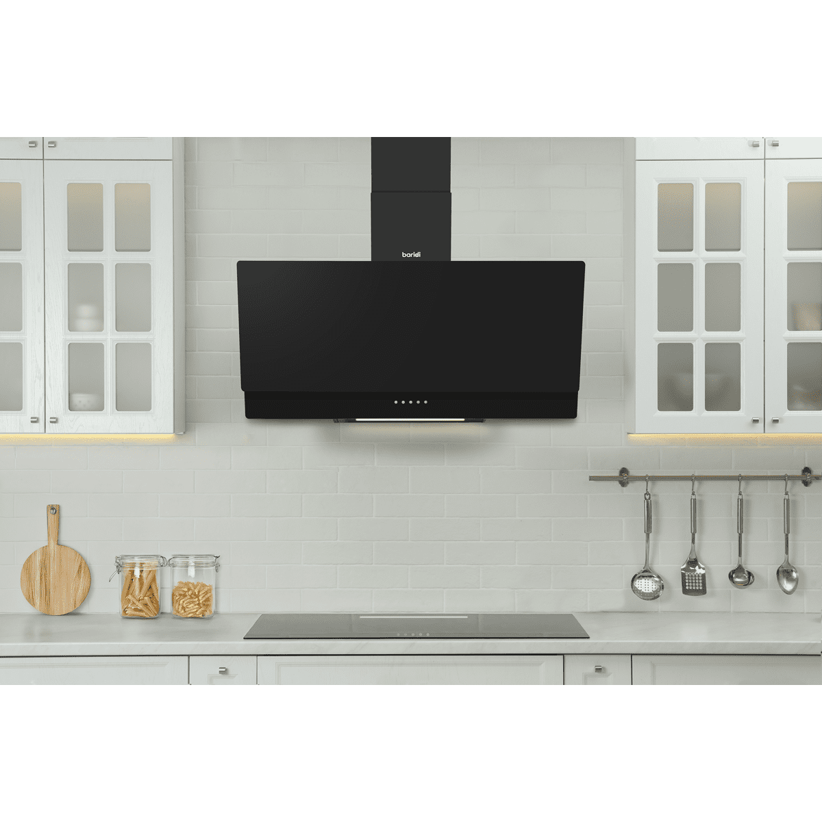 Baridi Angled Chimney Cooker Hood with Carbon Filters & LED Lamp 90cm, Energy Class A - Black Glass - Image 8