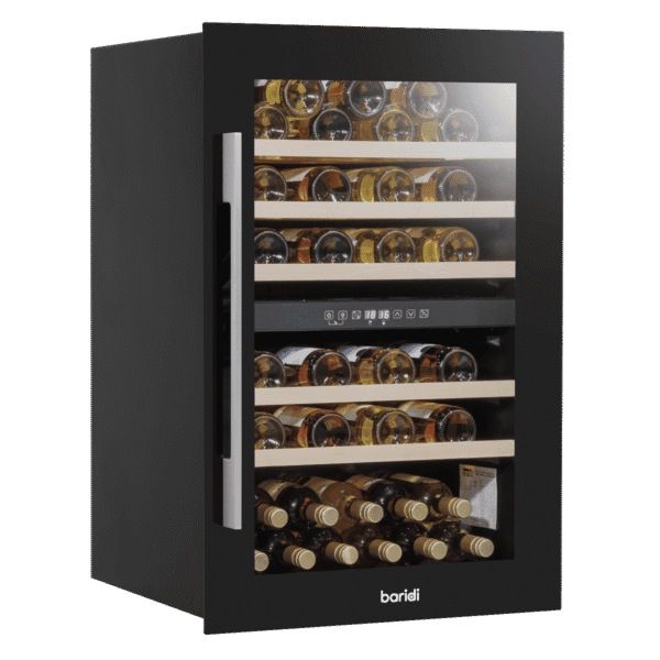 Baridi 57 Bottle Built-In Dual Zone Wine Cooler with Beech Wood Shelves & LED Light - Black