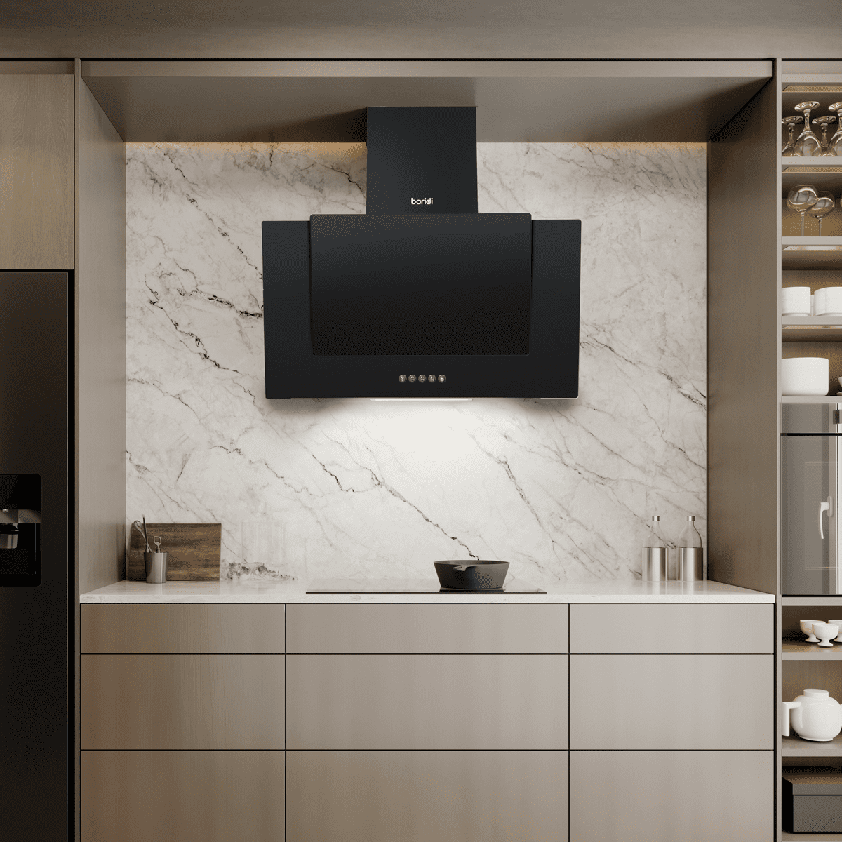 Baridi Angled Chimney Cooker Hood with Carbon Filters & LED Lamp - Black Glass - Image 3