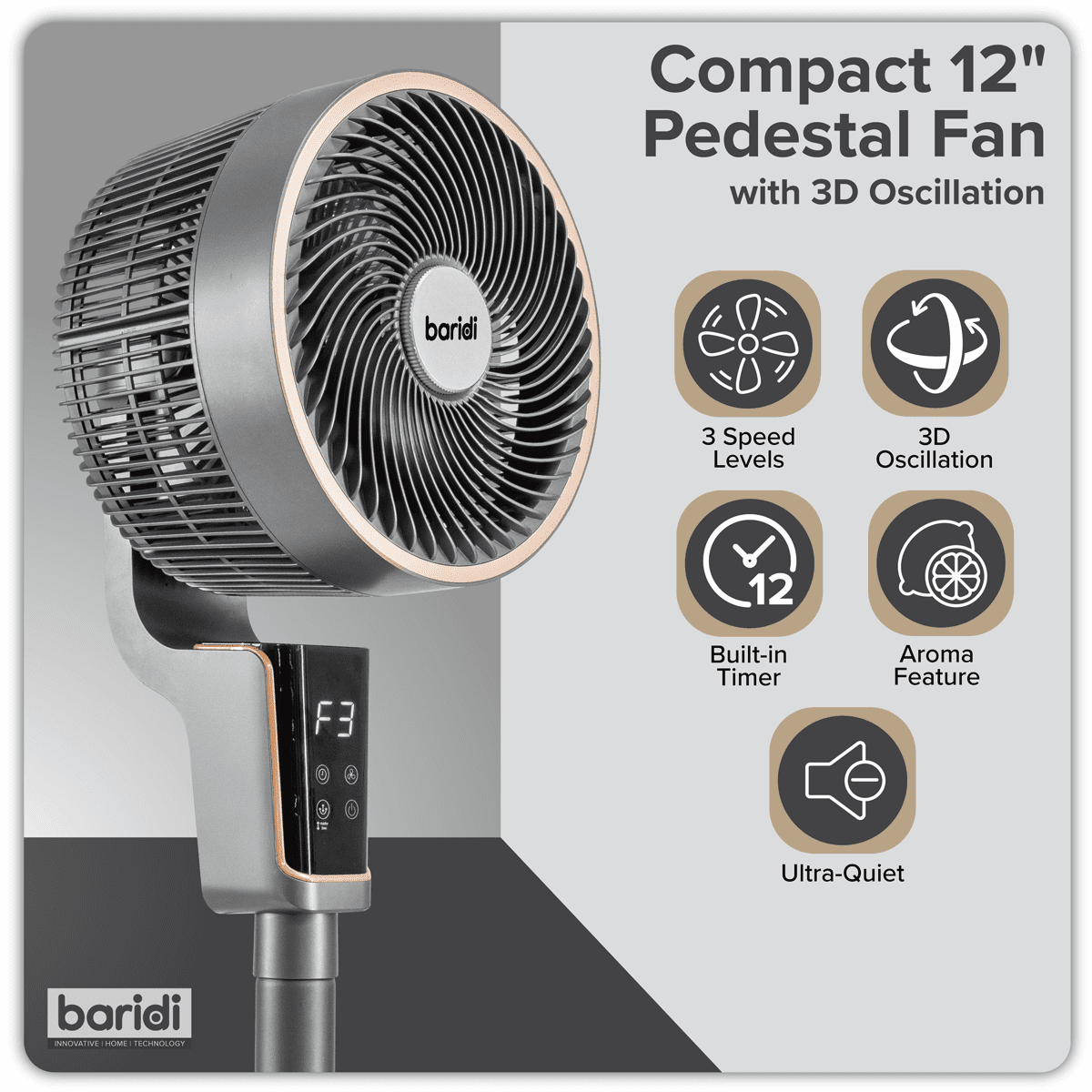 Baridi 12" Pedestal Fan with Remote Control & 12hr Timer 230V - Grey - Image 16