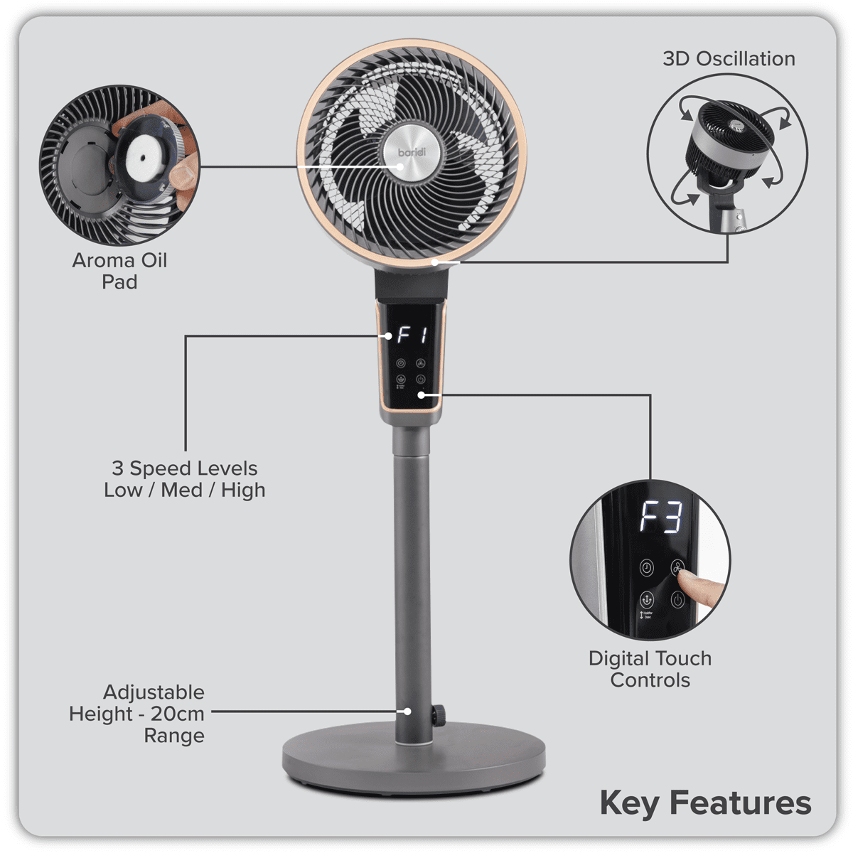 Baridi 12" Pedestal Fan with Remote Control & 12hr Timer 230V - Grey - Image 17