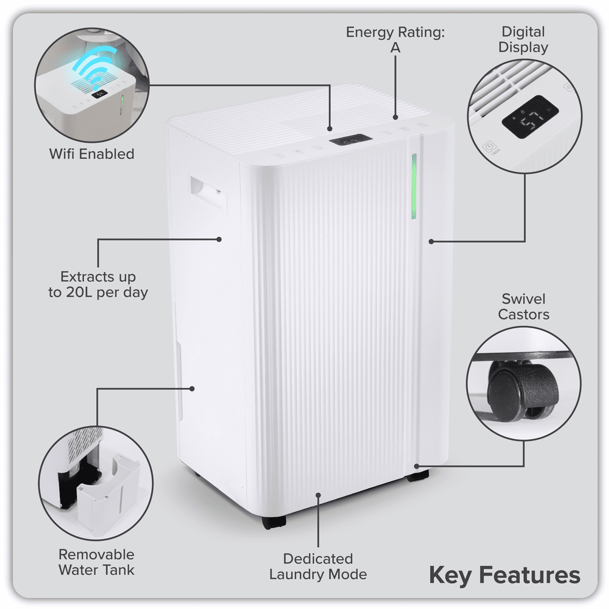 Baridi Dehumidifier with Digital Display & 24hr Timer 20L - White - Image 15