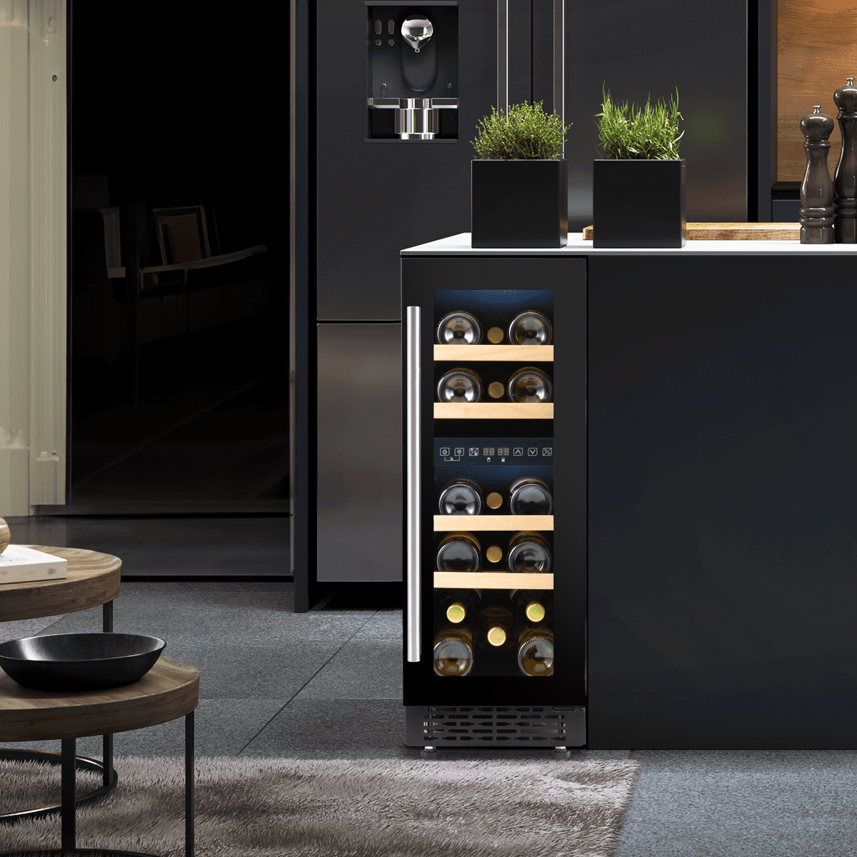 Baridi 17 Bottle Dual Zone Slim Built-In 30cm Wine Cooler with Touchscreen Controls, Beech Wood Shelves & LED Light - Black - Image 8