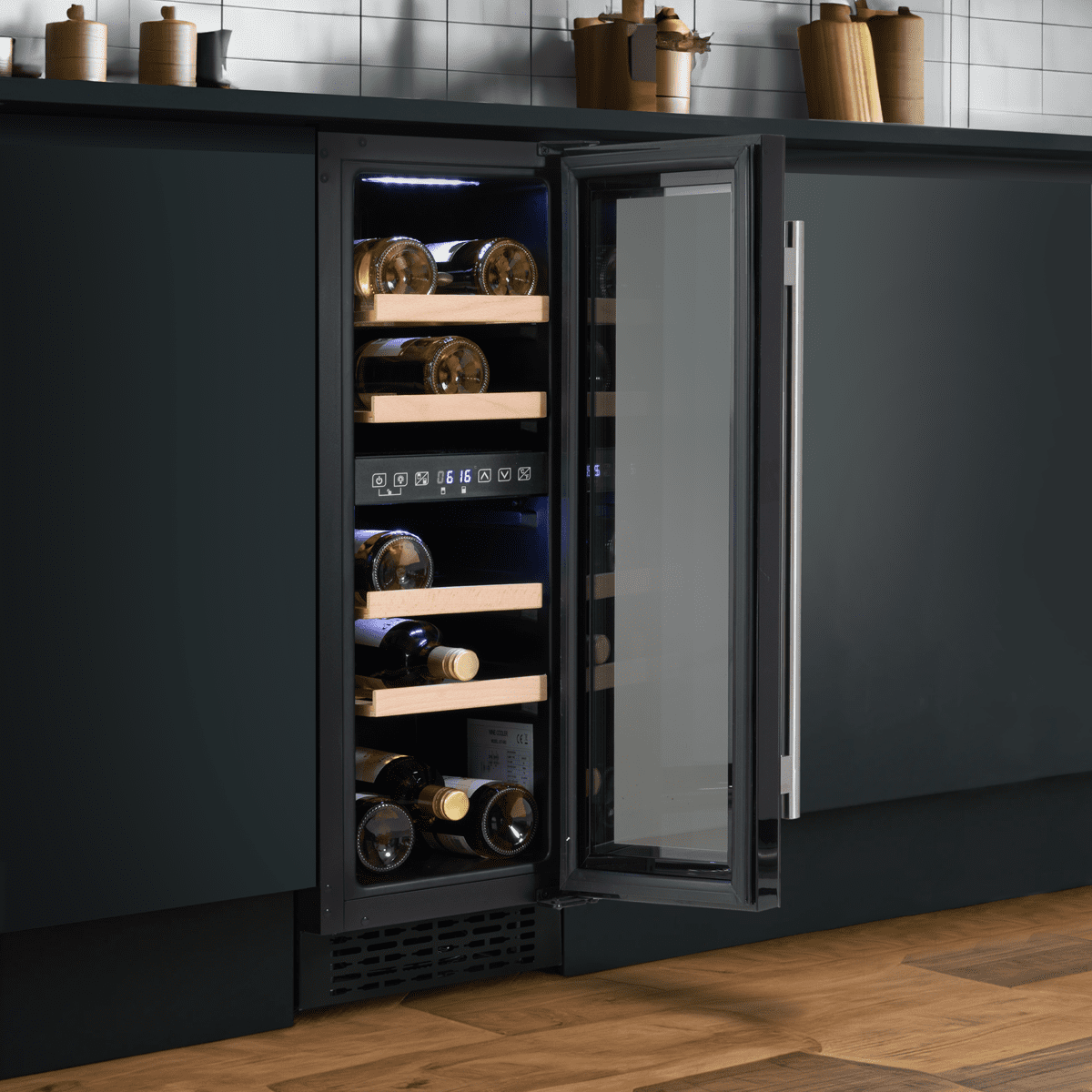 Baridi 17 Bottle Dual Zone Slim Built-In 30cm Wine Cooler with Touchscreen Controls, Beech Wood Shelves & LED Light - Black - Image 9