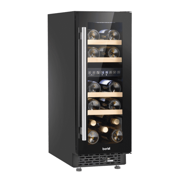 Baridi 17 Bottle Dual Zone Slim Built-In 30cm Wine Cooler with Touchscreen Controls, Beech Wood Shelves & LED Light - Black