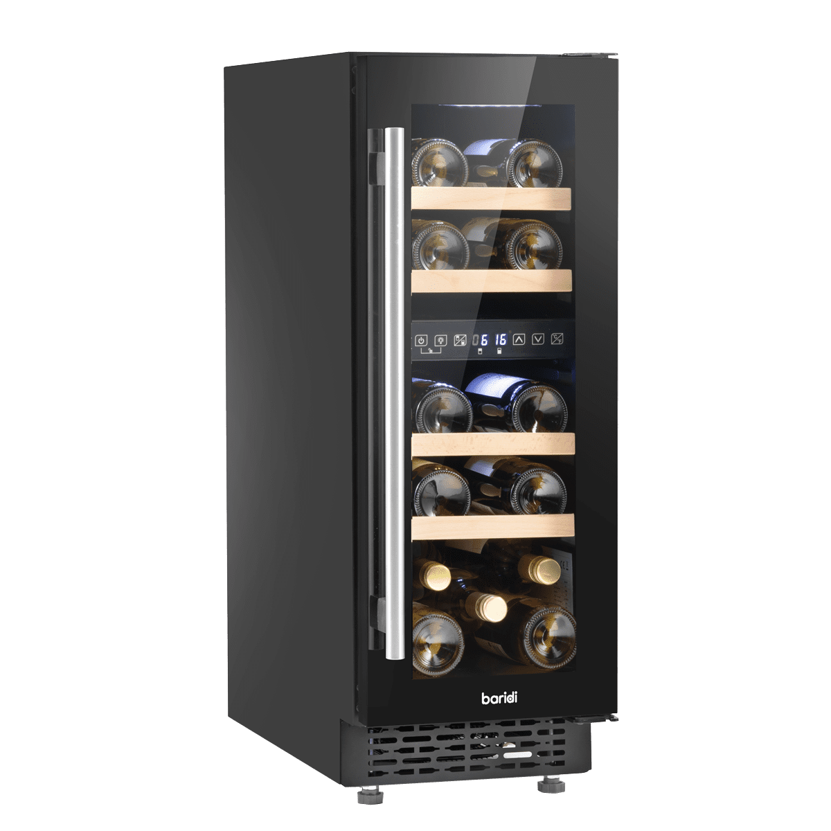 Baridi 17 Bottle Dual Zone Slim Built-In 30cm Wine Cooler with Touchscreen Controls, Beech Wood Shelves & LED Light - Black