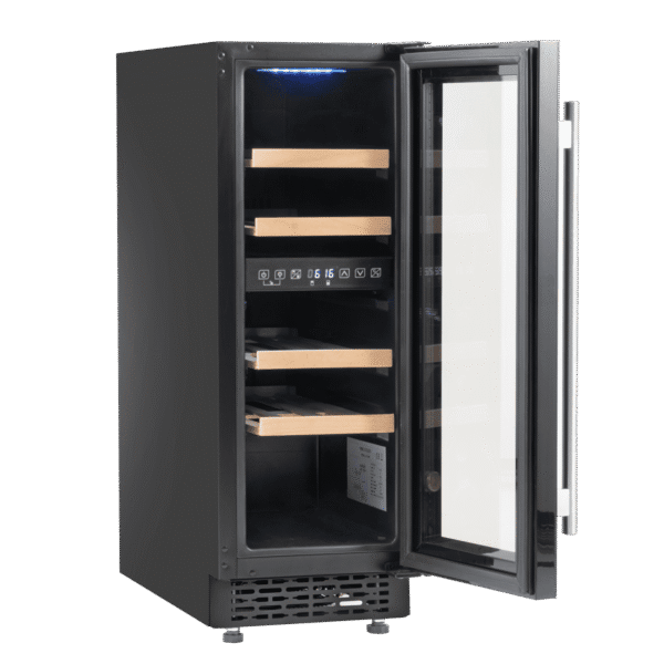 Baridi 17 Bottle Dual Zone Slim Built-In 30cm Wine Cooler with Touchscreen Controls, Beech Wood Shelves & LED Light - Black