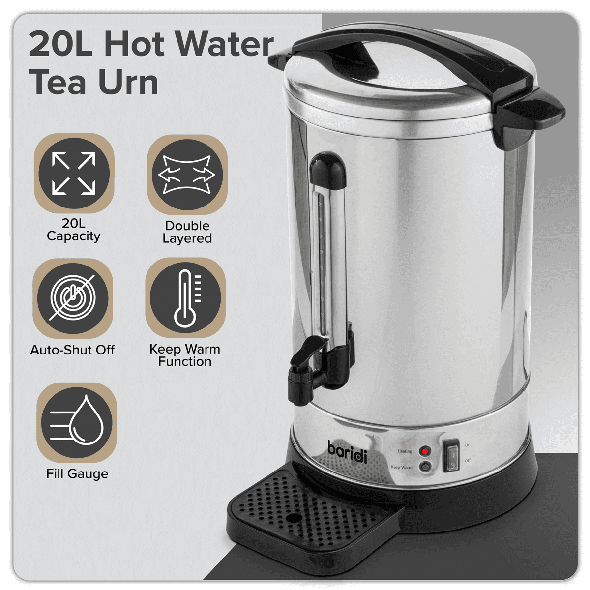 Baridi Hot Water Boiler, Tea Urn, 20L Capacity - Stainless Steel - Image 12