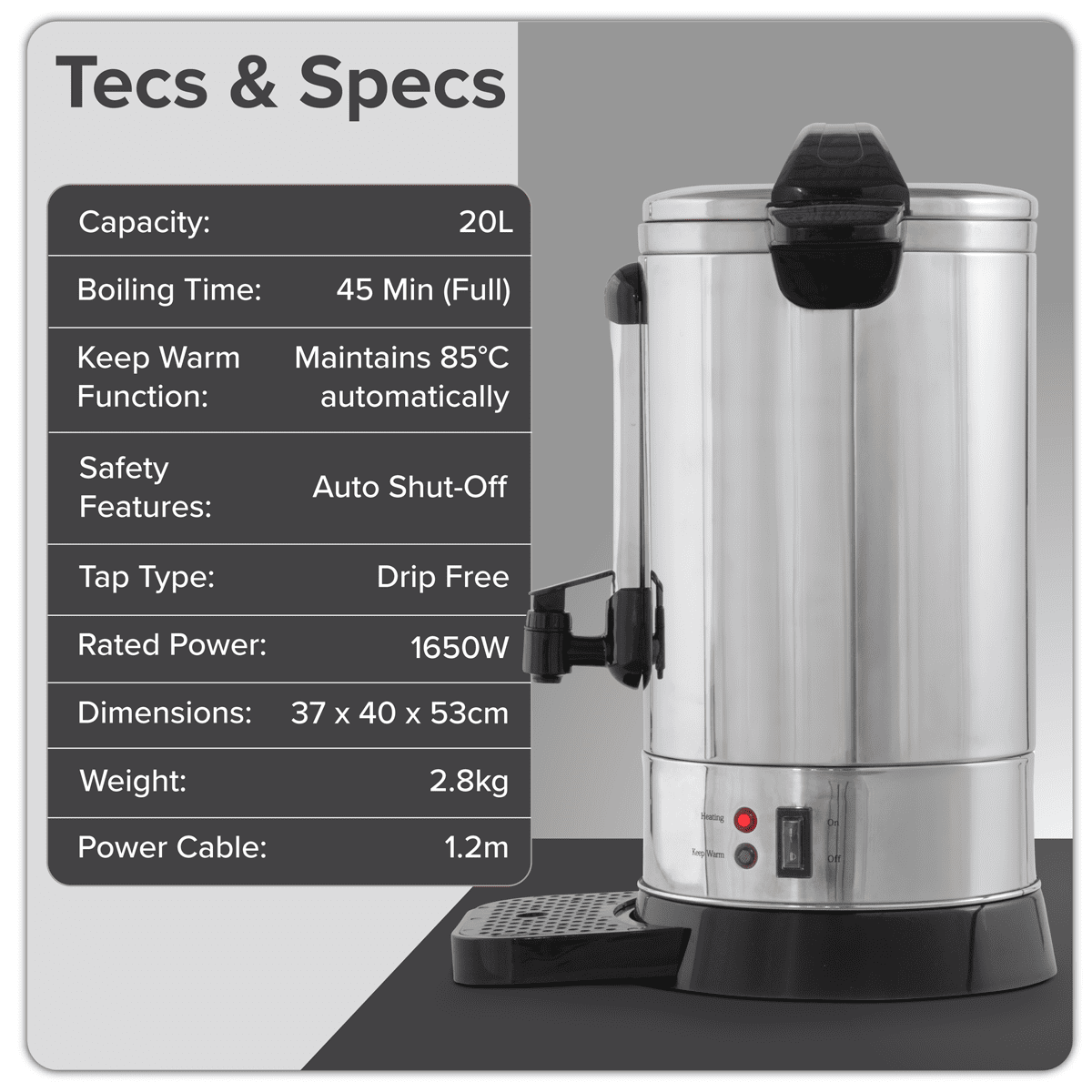 Baridi Hot Water Boiler, Tea Urn, 20L Capacity - Stainless Steel - Image 21