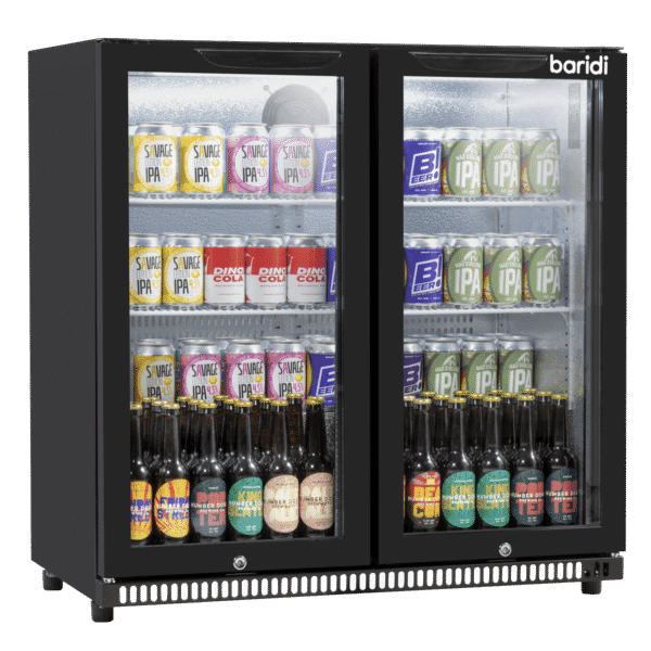 Baridi Back Bar Drinks Fridge/Cooler with Double Hinged Door & Security Lock 190L - Black