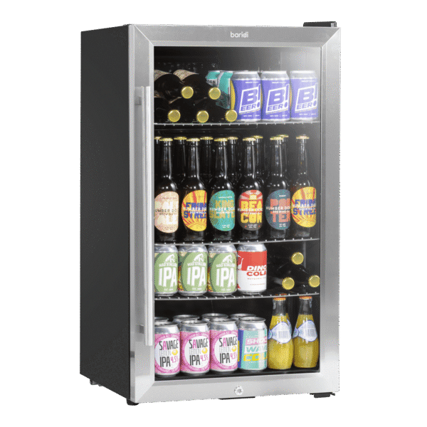 Baridi Undercounter Drinks, Beer & Wine Fridge with Wire Shelves, Internal Light & Security Lock 85L - Stainless Steel