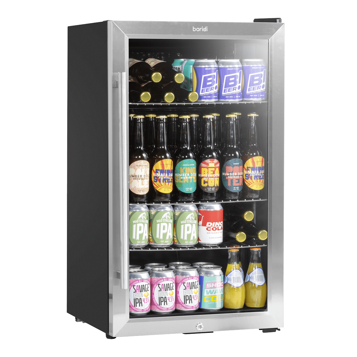 Baridi Undercounter Drinks, Beer & Wine Fridge with Wire Shelves, Internal Light & Security Lock 85L - Stainless Steel