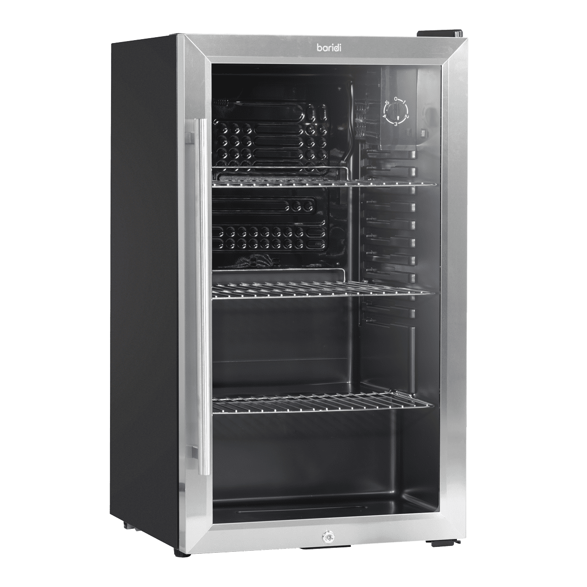 Baridi Undercounter Drinks, Beer & Wine Fridge with Wire Shelves, Internal Light & Security Lock 85L - Stainless Steel - Image 7