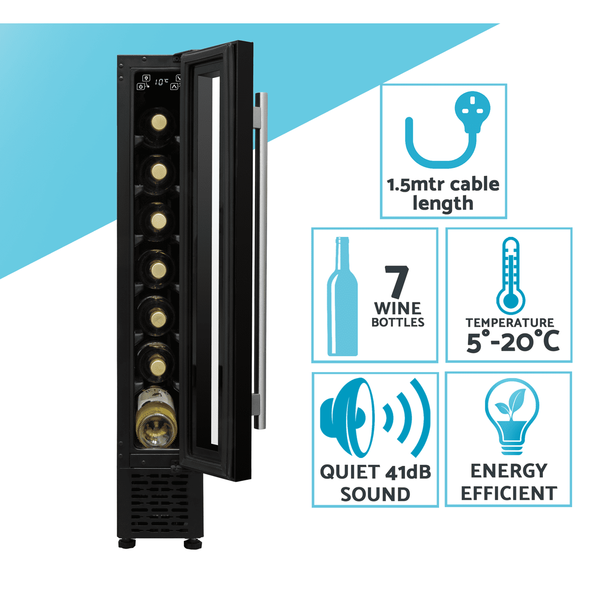 Baridi 7 Bottle Extra-Slim Undercounter Wine Fridge with Digital Touchscreen Controls & LED Light - Black - Image 12