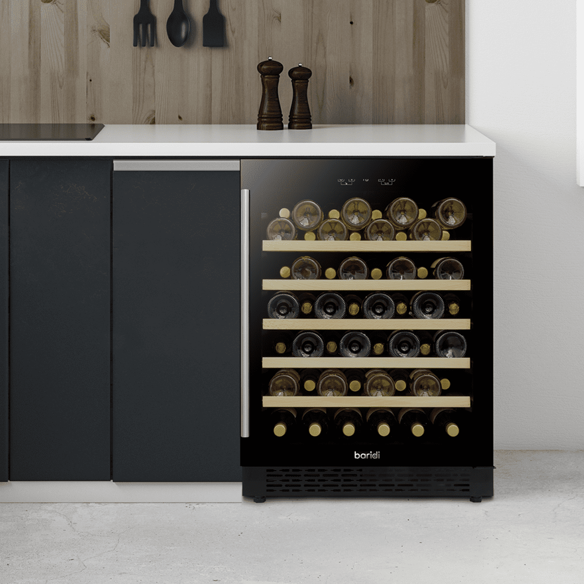 Baridi 54 Bottle Undercounter/Freestanding Wine Fridge with Digital Touchscreen Controls, Wooden Shelves & LED Light 135L - Black - Image 9