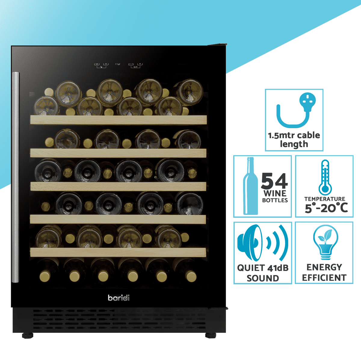 Baridi 54 Bottle Undercounter/Freestanding Wine Fridge with Digital Touchscreen Controls, Wooden Shelves & LED Light 135L - Black - Image 11