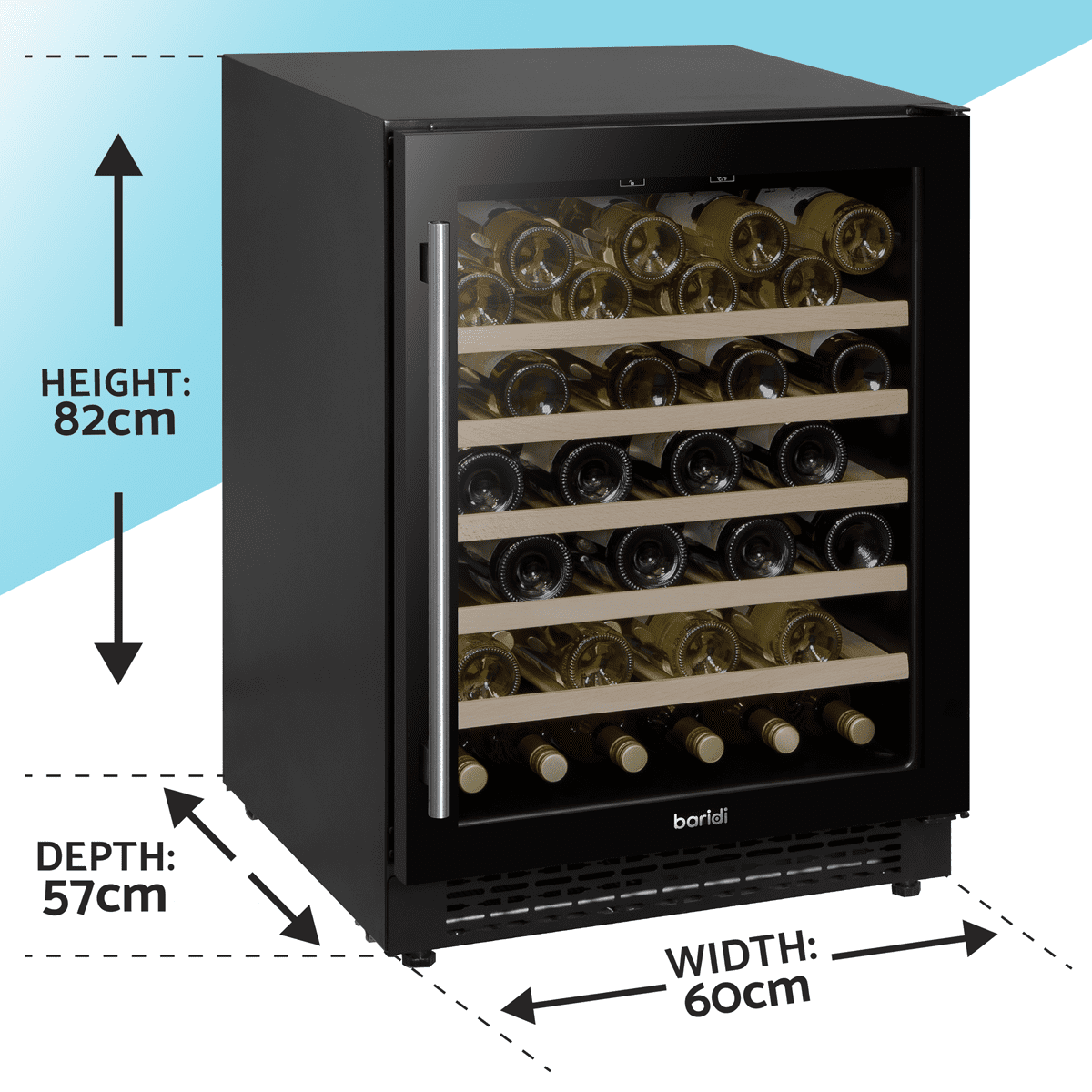 Baridi 54 Bottle Undercounter/Freestanding Wine Fridge with Digital Touchscreen Controls, Wooden Shelves & LED Light 135L - Black - Image 12