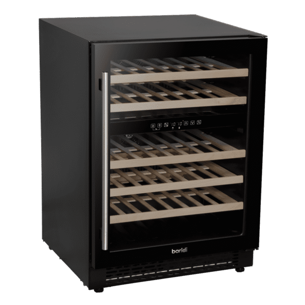 Baridi 46 Bottle Dual Zone Undercounter/Freestanding Fridge with Digital Touchscreen Controls, Wooden Shelves & LED Light - Black