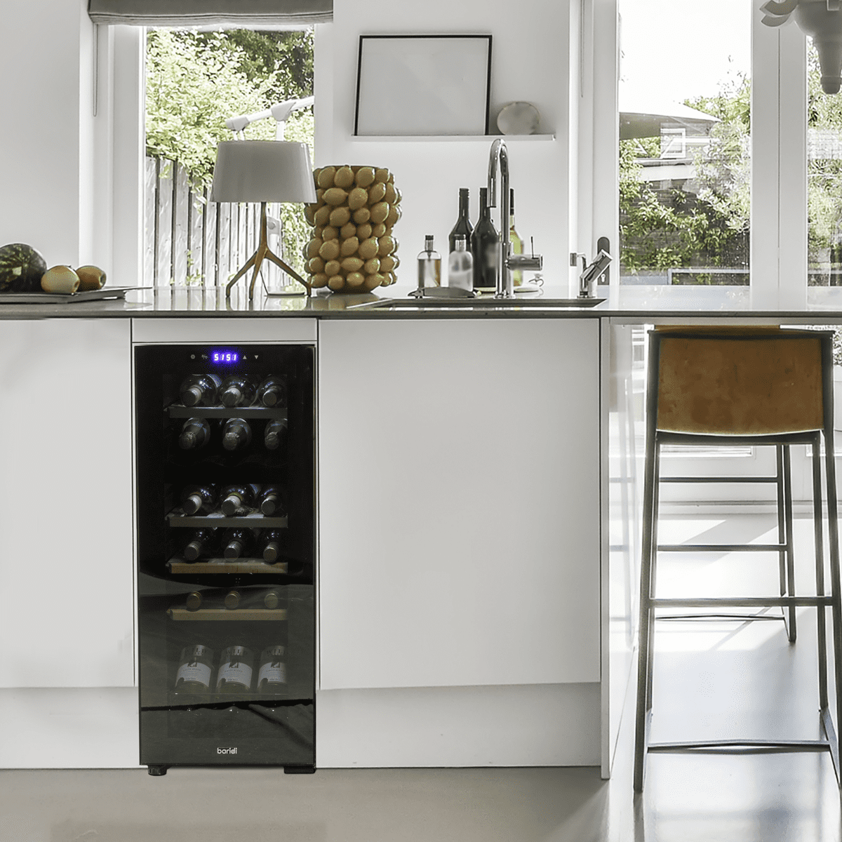 Baridi 18 Bottle Dual Zone Wine Fridge/Cooler with Digital Touchscreen Controls, Wooden Shelves & LED Light - Black - Image 3