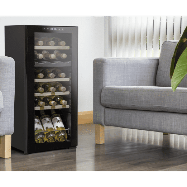 Baridi 18 Bottle Dual Zone Wine Fridge/Cooler with Digital Touchscreen Controls, Wooden Shelves & LED Light - Black