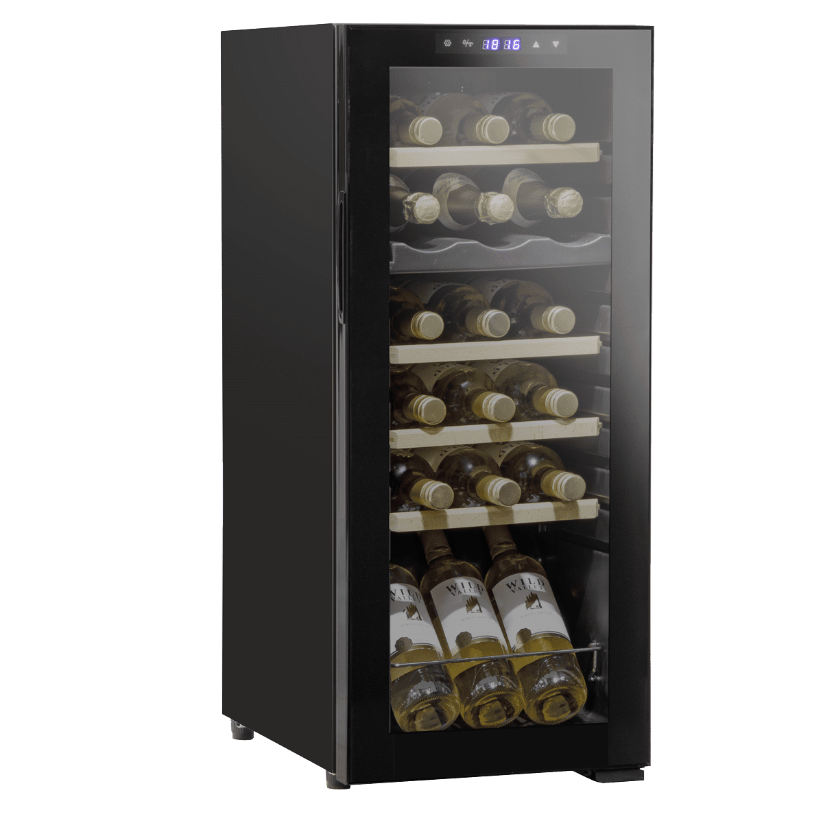 Baridi 18 Bottle Dual Zone Wine Fridge/Cooler with Digital Touchscreen Controls, Wooden Shelves & LED Light - Black