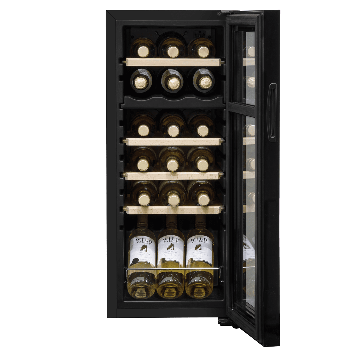 Baridi 18 Bottle Dual Zone Wine Fridge/Cooler with Digital Touchscreen Controls, Wooden Shelves & LED Light - Black - Image 2