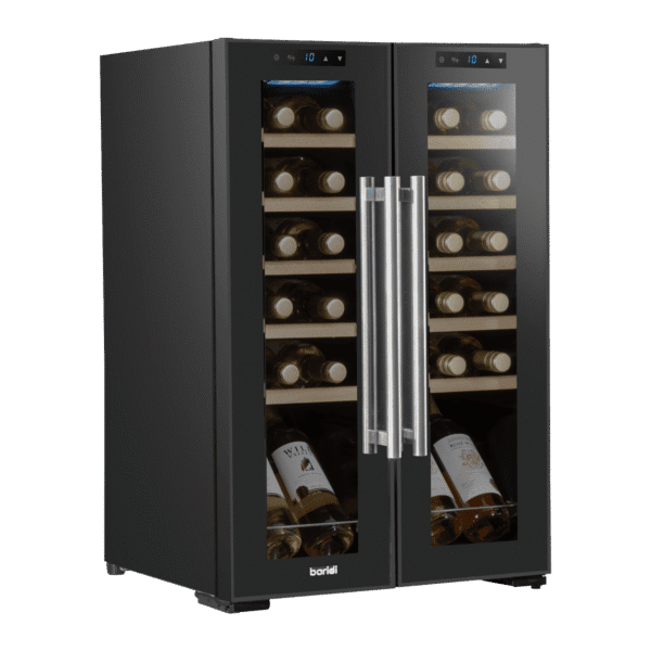 Baridi 24 Bottle Dual Zone Wine Fridge with Digital Touchscreen Controls, Beech Wood Shelves & LED Light - Black