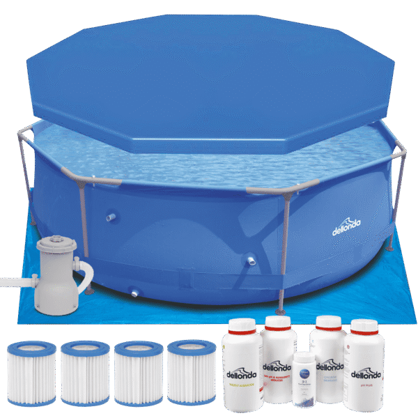 Dellonda Steel Frame Round Swimming Pool & Filter Pump with Cover, Ground Sheet, Test Strips, Starter Kit & Filters 10ft - Blue