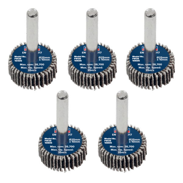 25 x 10mm Abrasive Flap Wheel with 6mm Shaft Assorted Grit - Pack of 5