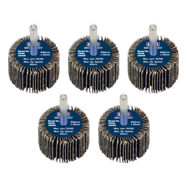 40 x 30mm Abrasive Flap Wheel with 6mm Shaft Assorted Grit - Pack of 5