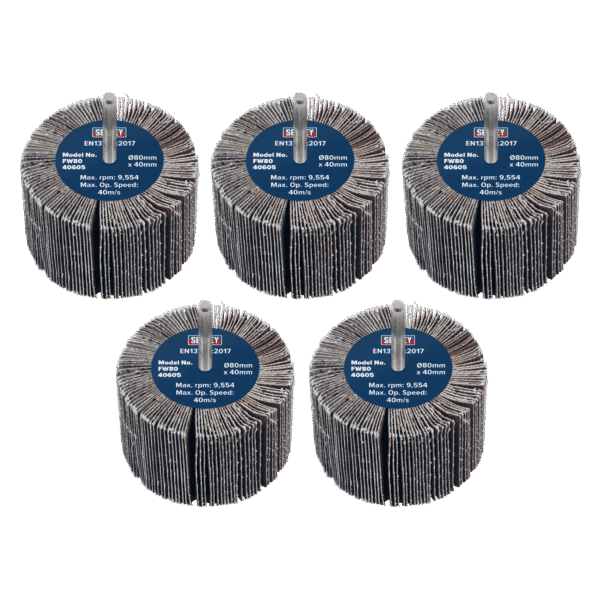 80 x 40mm Abrasive Flap Wheel with 6mm Shaft 60Grit - Pack of 5