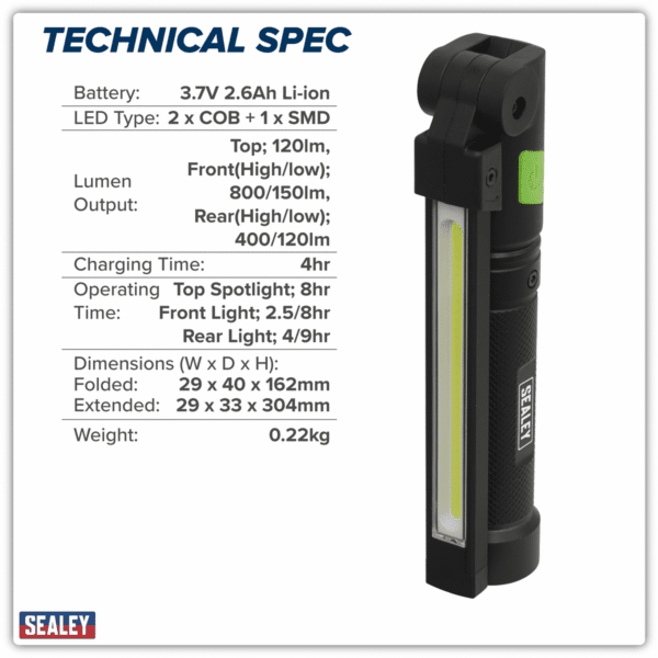 Rechargeable Aluminium Folding Pocket Light 2 COB & 1 SMD LED