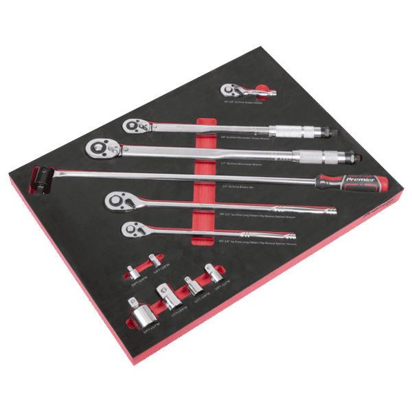 Premier Ratchet, Torque Wrench, Breaker Bar & Socket Adaptor Set with Tool Tray 3/8"Sq & 1/2"Sq Drive 12pc