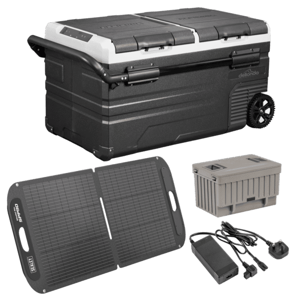Portable Fridge Freezer/Cool Box 75L with 11.1V Portable Battery, AC/DC 230V Adaptor & 110W Solar Panel
