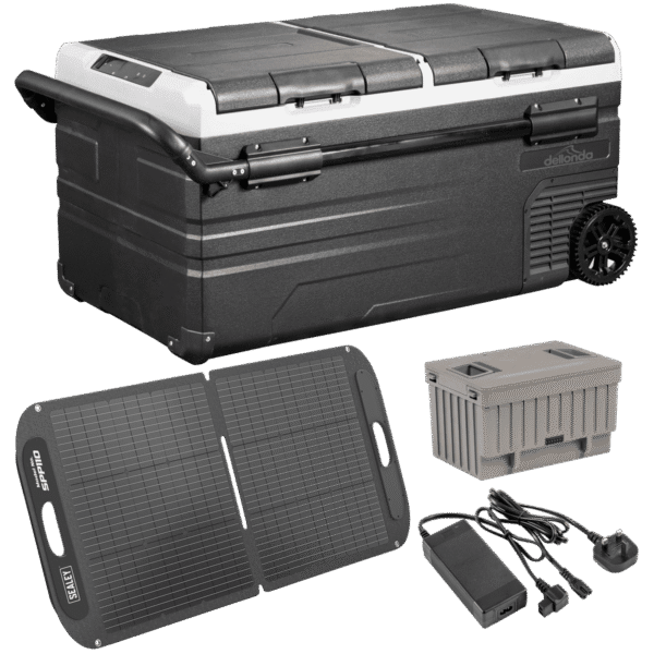 Portable Fridge Freezer/Cool Box 95L with 11.1V Portable Battery, AC/DC 230V Adaptor & 110W Solar Panel