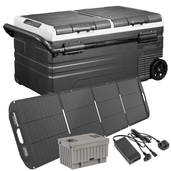 Portable Fridge Freezer/Cool Box 95L with 11.1V Portable Battery, AC/DC 230V Adaptor & 220W Solar Panel