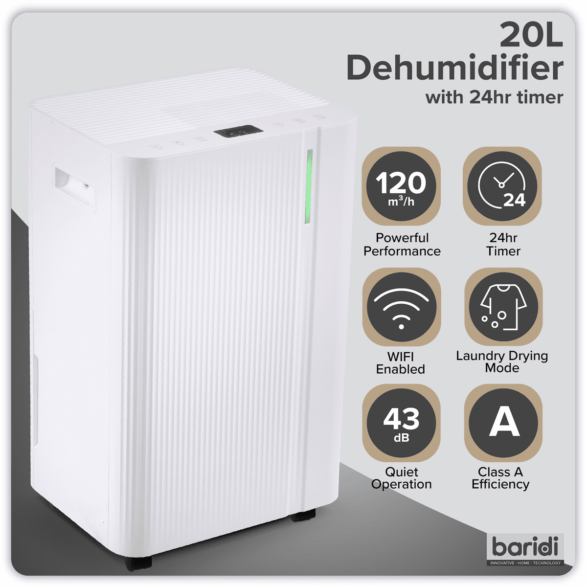 Baridi Dehumidifier with Digital Display & 24hr Timer 20L - White - Image 30