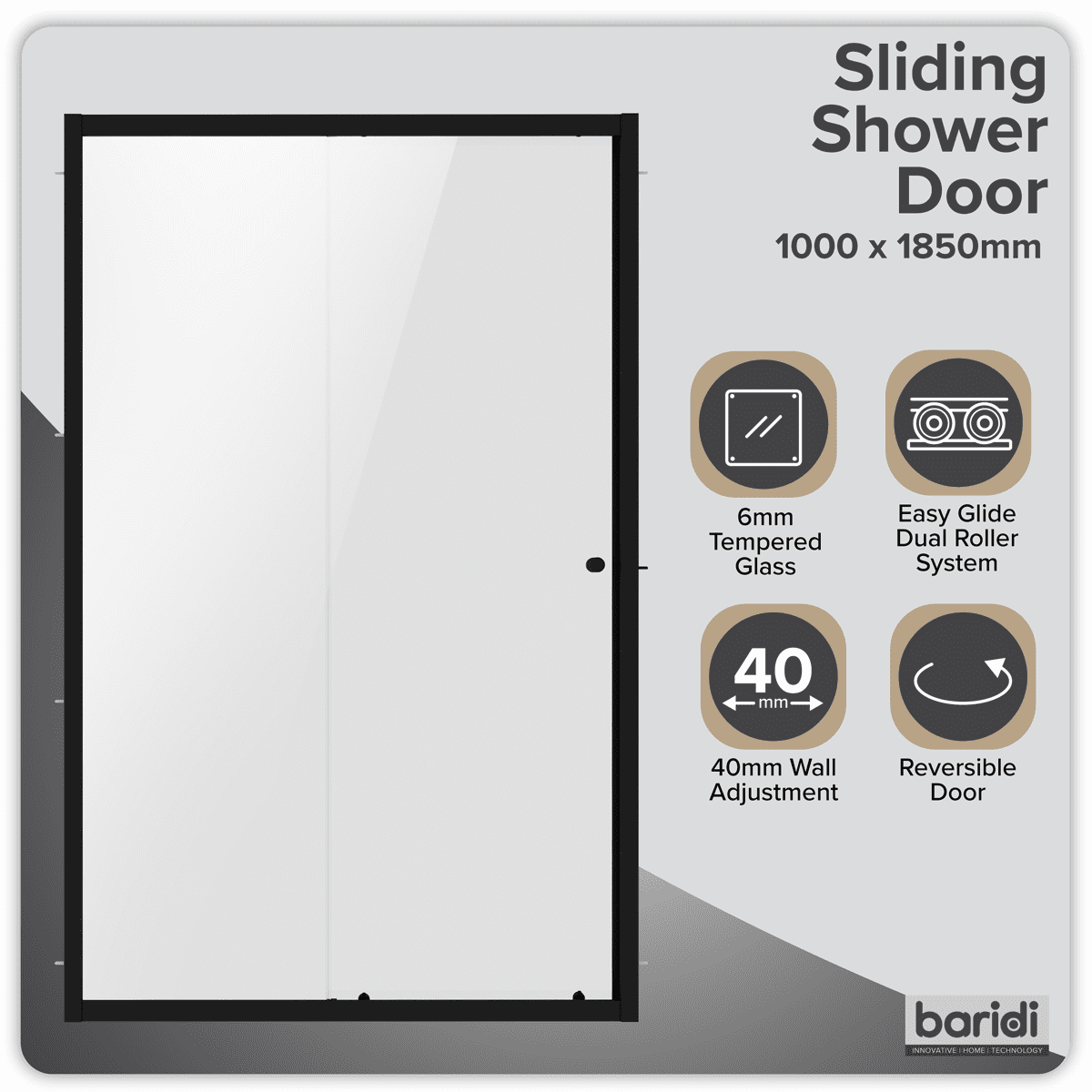 Baridi Sliding Shower Door 1000 x 1850mm, 6mm Tempered Glass, Reversible - Black - Image 3