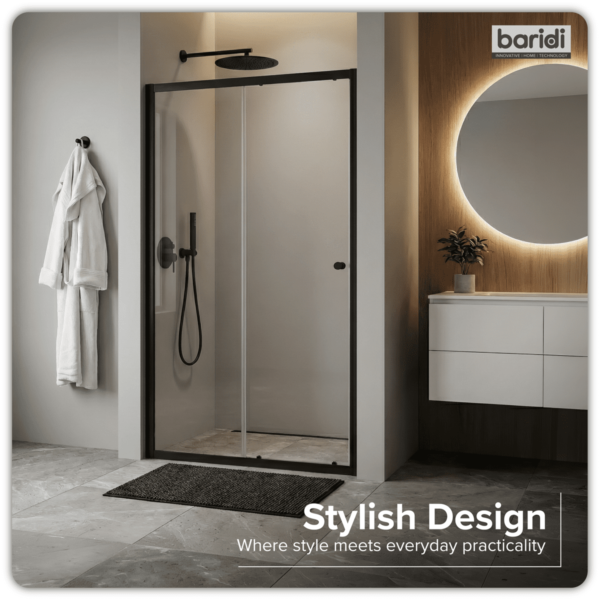 Baridi Sliding Shower Door 1000 x 1850mm, 6mm Tempered Glass, Reversible - Black - Image 2