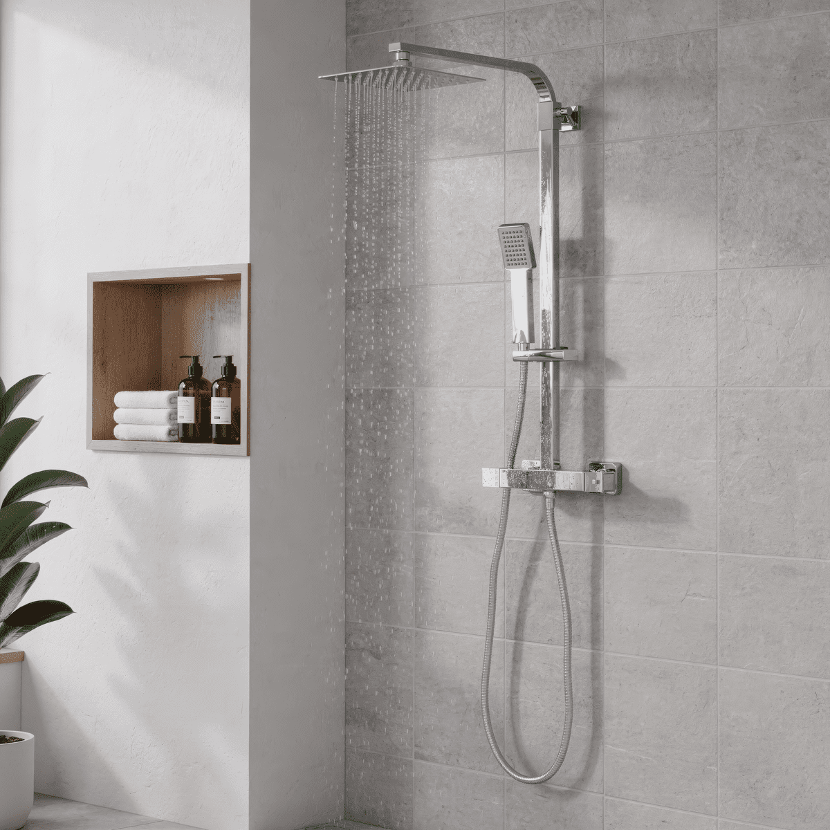 Thermostatic Shower Mixer Set, 20x20cm Square Head, Adjustable Rail - Chrome - Image 5