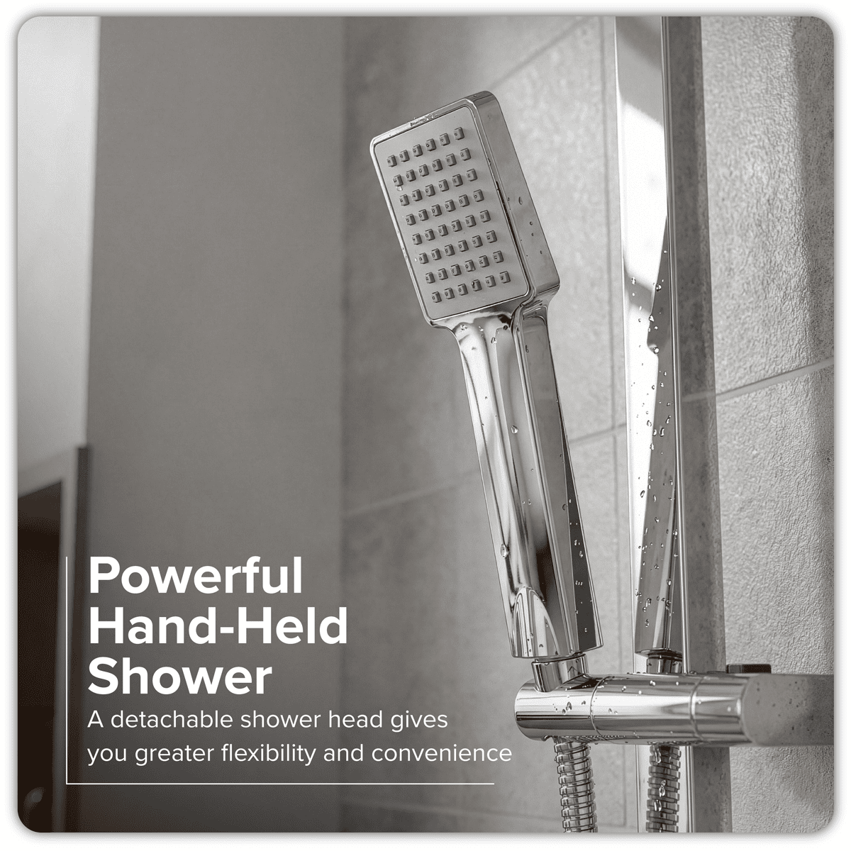 Thermostatic Shower Mixer Set, 20x20cm Square Head, Adjustable Rail - Chrome - Image 11