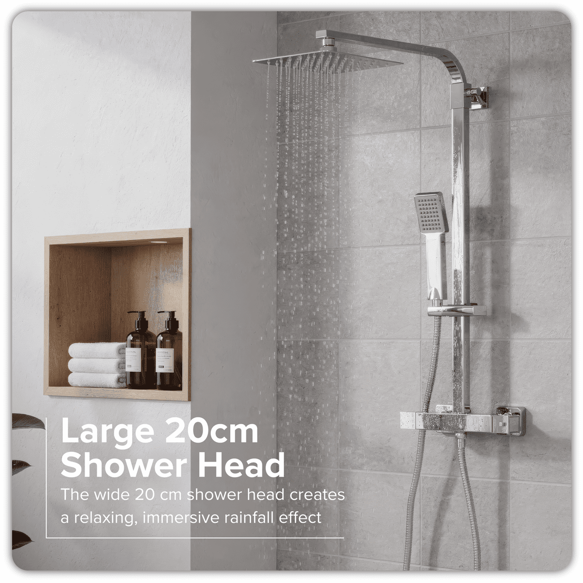 Thermostatic Shower Mixer Set, 20x20cm Square Head, Adjustable Rail - Chrome - Image 12