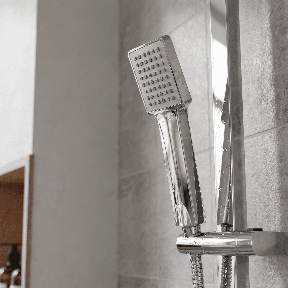 Thermostatic Shower Mixer Set, 20x20cm Square Head, Adjustable Rail - Chrome - Image 2