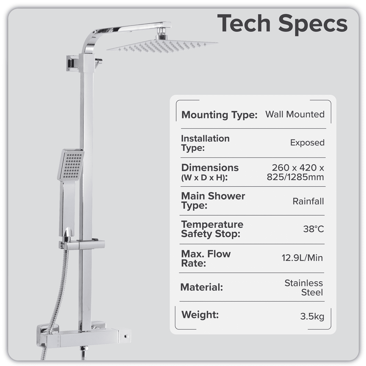 Thermostatic Shower Mixer Set, 20x20cm Square Head, Adjustable Rail - Chrome - Image 10