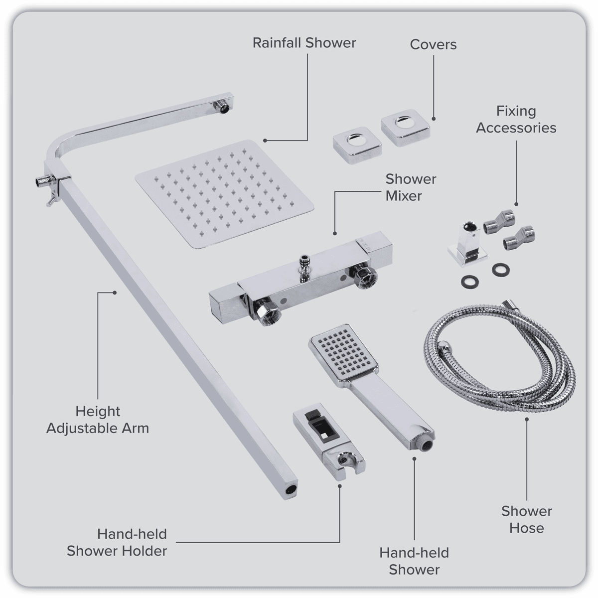 Thermostatic Shower Mixer Set, 20x20cm Square Head, Adjustable Rail - Chrome - Image 9