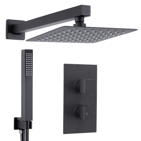 Baridi Concealed Thermostatic Shower Set 20 x 20cm Square Head & Hand Shower - Black