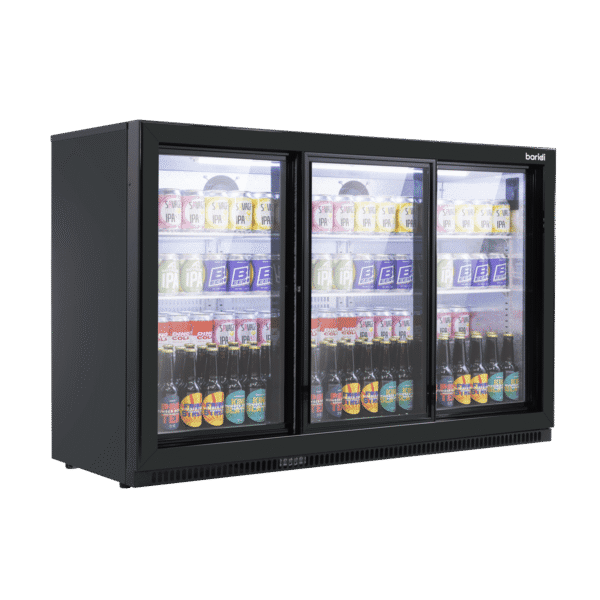 Baridi Back Bar Drinks Fridge/Cooler with Triple Sliding Door & Security Lock 307L - Black